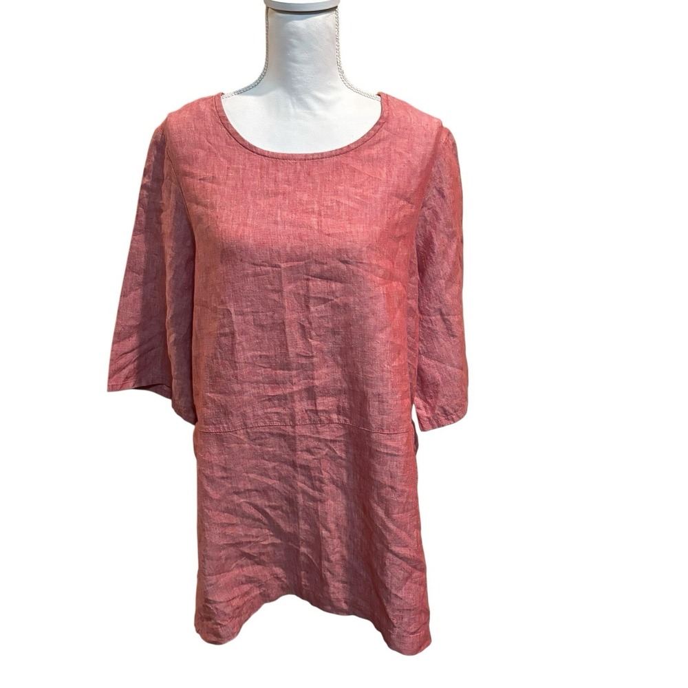 Bryn Walker Red Linen Tunic Top Side Slits 3/4 Sleeves Lagenlook Size Medium